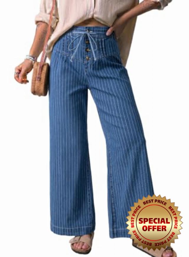 Dokotoo Women's Wide Leg Baggy Jeans Drawstring Striped Button Denim Pants                                                          2026 Fall Winter