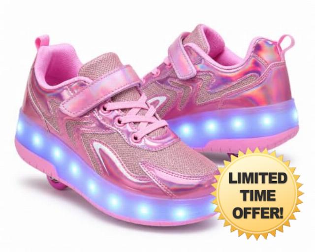 LED Roller Skate Shoes for Girls Kids Light Up Glitter Shoes with Wheels                                                          Detachable Wheels
