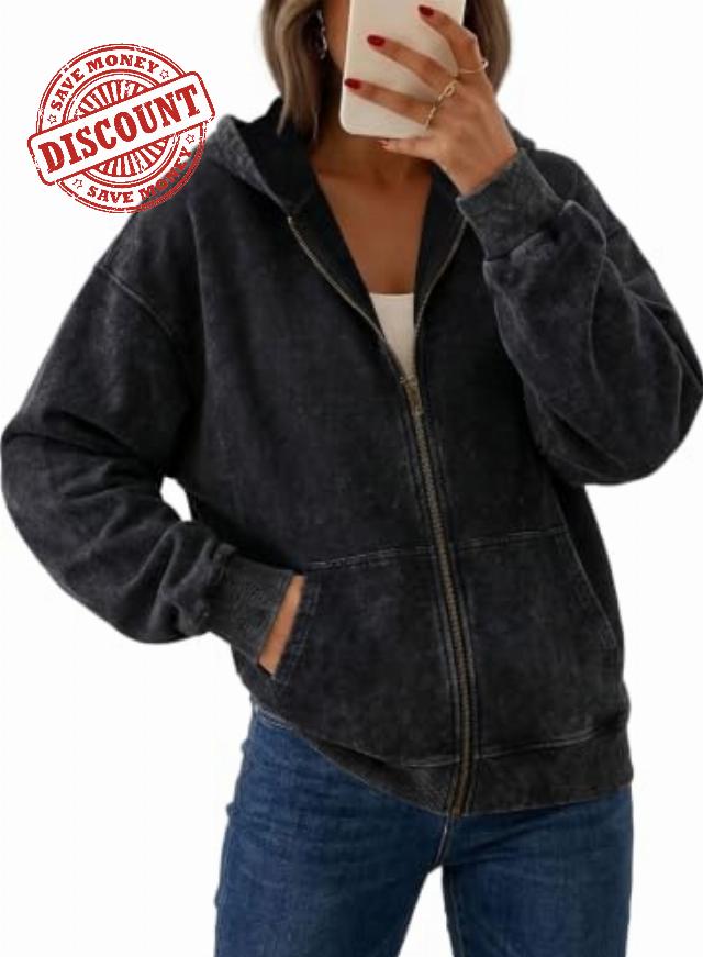 SHEWIN Women Oversized Full Zip Up Hoodie Washed Out Sweatshirt                                                          Fall