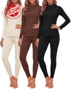 Patelai 3 Pack Women Mock Neck Thermal Underwear Sets Fleece Lined Winter Base Layer Sets Soft Warm Top & Bottom Cold Weathe
