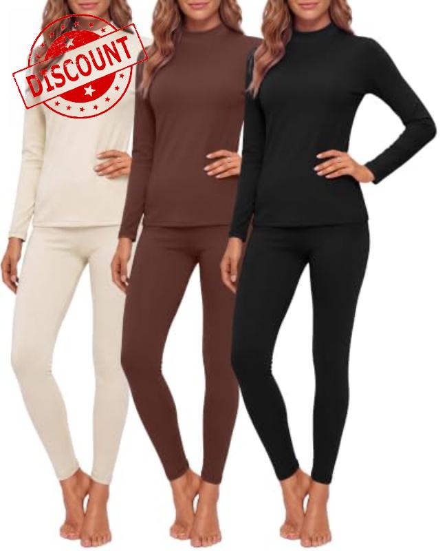 Patelai 3 Pack Women Mock Neck Thermal Underwear Sets Fleece Lined Winter Base Layer Sets Soft Warm Top & Bottom Cold Weathe