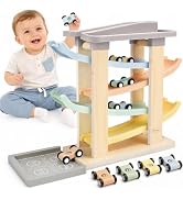 Joyreal Montessori Toddler Toys for 1 2 3 Year Old - 7 Level Wooden Car Ramp Racer Toys with 8 Mi...