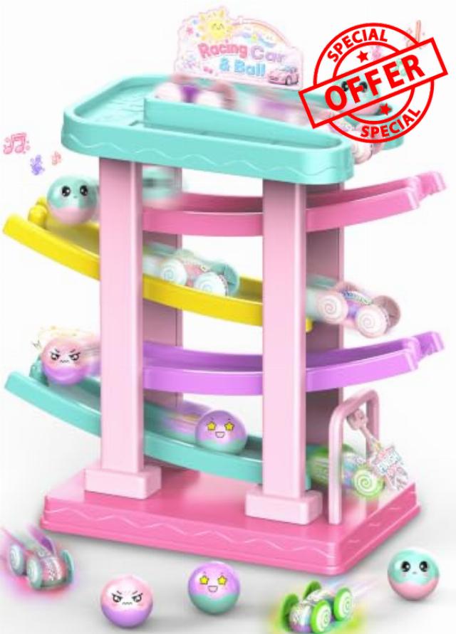 2-in-1 Car Ramp & Ball Drop Toy with 3 Sound Balls for Toddlers Ages 1-3                                                          Race