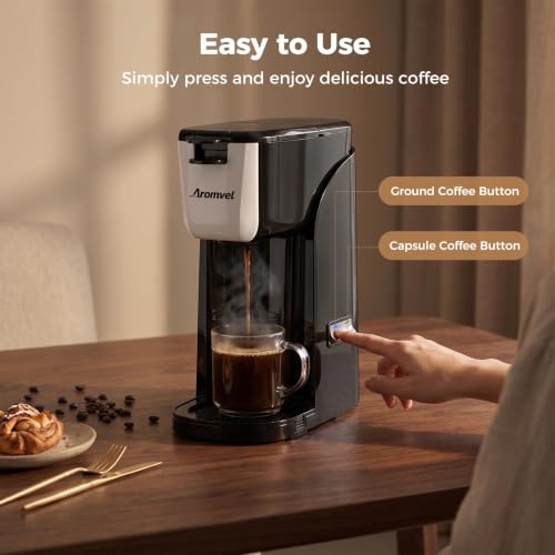 dual-button brewing for K cup & ground coffee. Adjustable drip tray for travel mugs. Brews 6-14 oz.