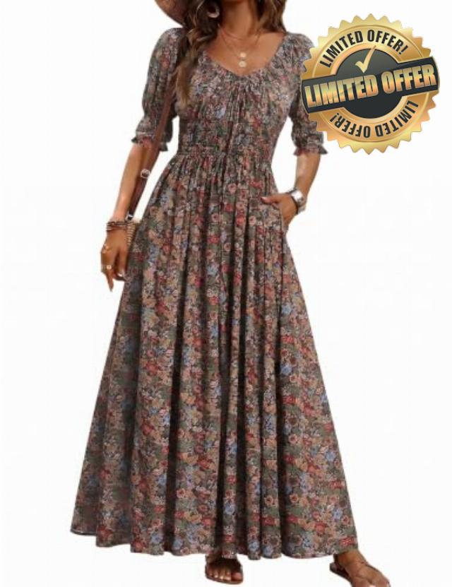 Women's Boho Floral Puff Sleeve Maxi Dress with Pockets                                                          Scoop Neck Short Sleeve