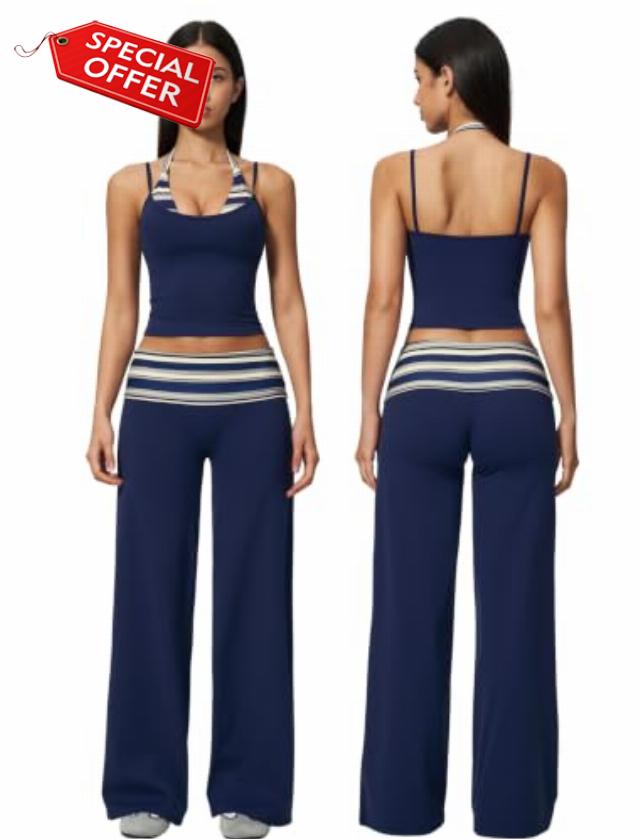 QBGJTD Womens Workout Sets Two Piece Striped Tank Top Wide Leg Yoga Pants Yoga Pilates Outfits