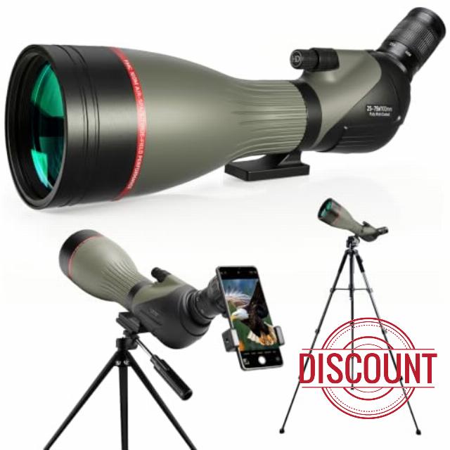25-75x100 Spotting Scope with Two Tripods 9 Inches & 53 Inches Full Size Tripod