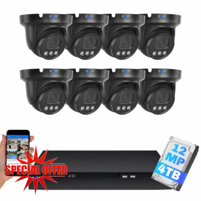 GW Security 16 Channel NVR 12MP Outdoor/Indoor Dome Security Camera System                                                          8 x 12MP 6K Microphone Smart AI PoE Camera