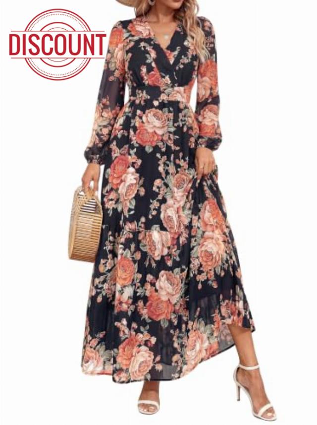 dowerme Women Fall Long Sleeve Wrap V Neck Floral Belted Boho Maxi Dress                                                          Elegant Flowy Long Wedding Guest Dresses 2026