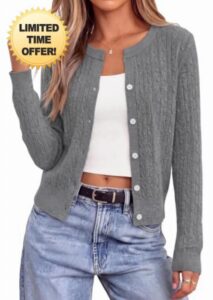 NALANISA Women's Cable Knit Cropped Cardigan Sweater V Neck Button Down                                                          Soft Lightweight Cable Knit