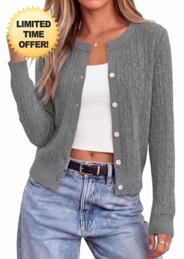 NALANISA Women's Cable Knit Cropped Cardigan Sweater V Neck Button Down                                                          Soft Lightweight Cable Knit
