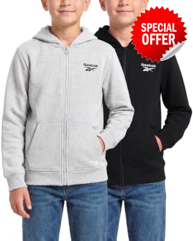 Reebok 2 Pack Boys Fleece Zip Up Hoodie Jacket Kids Sweatshirt Teen Youth                                                          Sizes 6-18