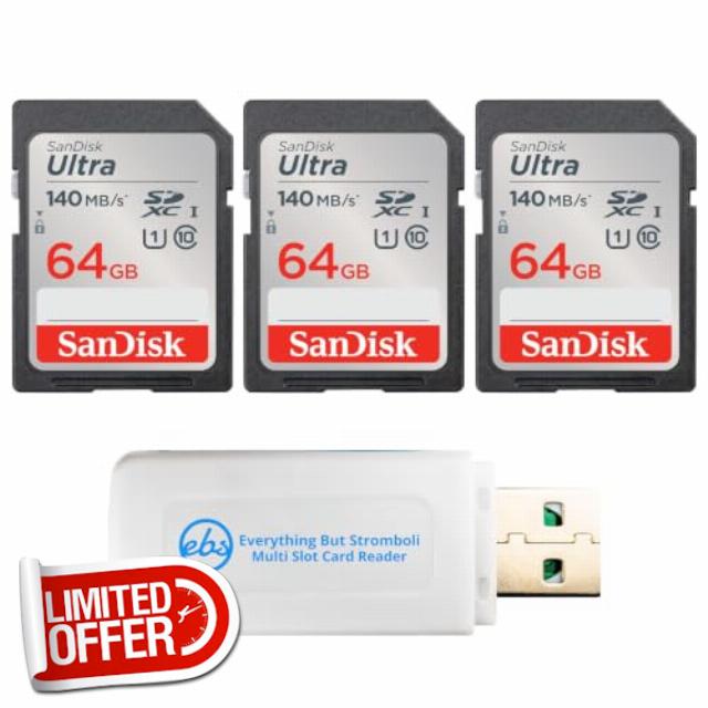 SanDisk 64GB Ultra SD Memory Card Class 10 (3 Pack) SDSDUNB-064G-GN6IN                                                          Expanded Storage With Up to 140MB/s Read Speed for Data Transfers