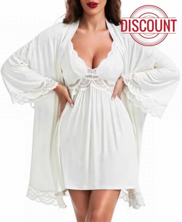 RSLOVE Women's Robes Set - 2 Piece Lace Chemise Nightgown and Robe                                                          Soft Modal Fabric