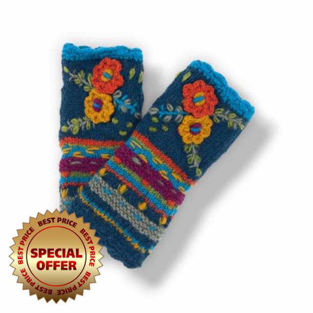 Ella Sussman Hand Knit Fingerless Embroidered 2 Flower Gloves Embroidered Wool Fleece Lined Texting Mittens Arm Warmers