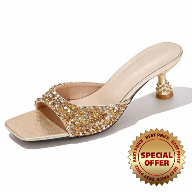 Women's Sequin Kitten Heel Dress Slide Sandals Low Heels Mule Slides                                                          Sexy U-Shape Backless Square Open Toe Comfort Backless Slip On Sculpted Heels Dress Mules For Causal Work Party