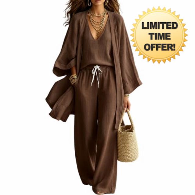 3 Piece Sets For Women Linen Fall Kimono Cardigan V Neck Top Wide Leg Pant                                                          Lounge Sets For Women