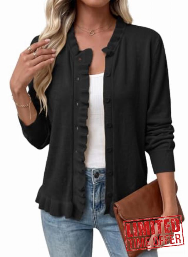 Dokotoo Cardigan Sweaters for Women Knit Elegant Ruffle Trim Cardigans                                                          Long Sleeve