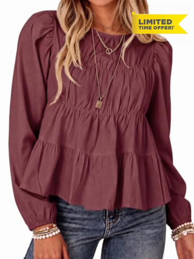 Tankaneo Womens Puff Long Sleeve Babydoll Tops Peplum Pleated Flowy Blouse                                                          Spring Fall