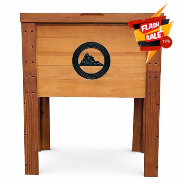 Backyard Expressions Rustic Wooden Patio Cooler with Bottle Opener & Drain Plug – Outdoor Beverage Cooler for Deck