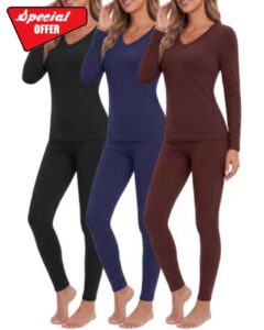 Patelai 3 Pack Women Thermal Underwear Fleece Lined Underwear Top Bottom Set V Neck Warm Soft Base Layer Winter Cold Weathe