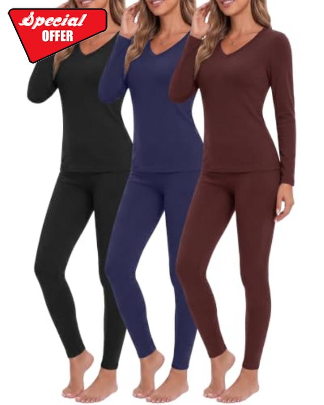 Patelai 3 Pack Women Thermal Underwear Fleece Lined Underwear Top Bottom Set V Neck Warm Soft Base Layer Winter Cold Weathe