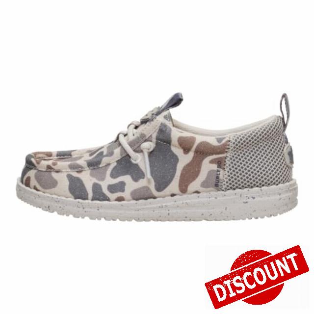 HEYDUDE Youth Wally Funk BURLEBO Deer Camo Slip On Shoe | Taupe/Camo Loafer                                                          Camo Canvas Upper
