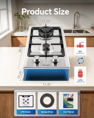 12 Inch Stainless Steel Propane Stove Top NG/LPG Convertible Built-in Gas Stove Top with Thermocouple Flameout Protection for Outdoor