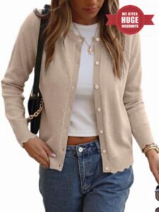 ANRABESS Women Lightweight Button Down Cardigan Sweaters                                                          Long Sleeve Crew Neck Scalloped Trim