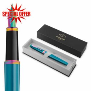 PARKER Meridian Fountain Pen | Teal Lacquer with Rainbow Trims | Medium Nib | Handwriting Pens & Stationery Supplies | Blue Ink | Luxury Gift Box