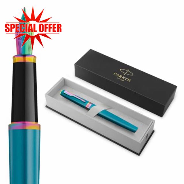 PARKER Meridian Fountain Pen | Teal Lacquer with Rainbow Trims | Medium Nib | Handwriting Pens & Stationery Supplies | Blue Ink | Luxury Gift Box