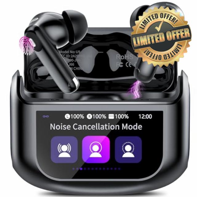 Active Noise Cancelling Ear Buds 48H Wireless Earbuds with Touch Screen                                                          HiFi Stereo Bluetooth Headphones with ENC Noise Cancelling/Transparency Mode