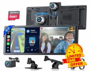 10.3-Inch HD Wireless CarPlay Screen for Car with Rotatable 4K Dash Cam                                                          Portable Android Auto Screen with HD Backup Camera