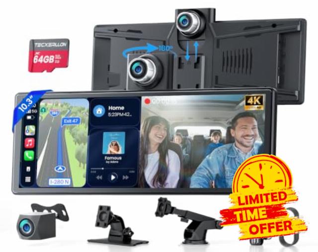 10.3-Inch HD Wireless CarPlay Screen for Car with Rotatable 4K Dash Cam                                                          Portable Android Auto Screen with HD Backup Camera