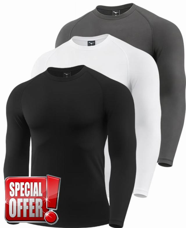 3 Pack Men's Thermal Compression Shirts Long Sleeve Base Layer Gym                                                          Crew Neck