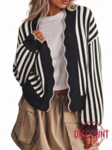 Flowyair Women's Striped Cardigan Sweater Open Front Ruffle Long Sleeve                                                          Scalloped trim