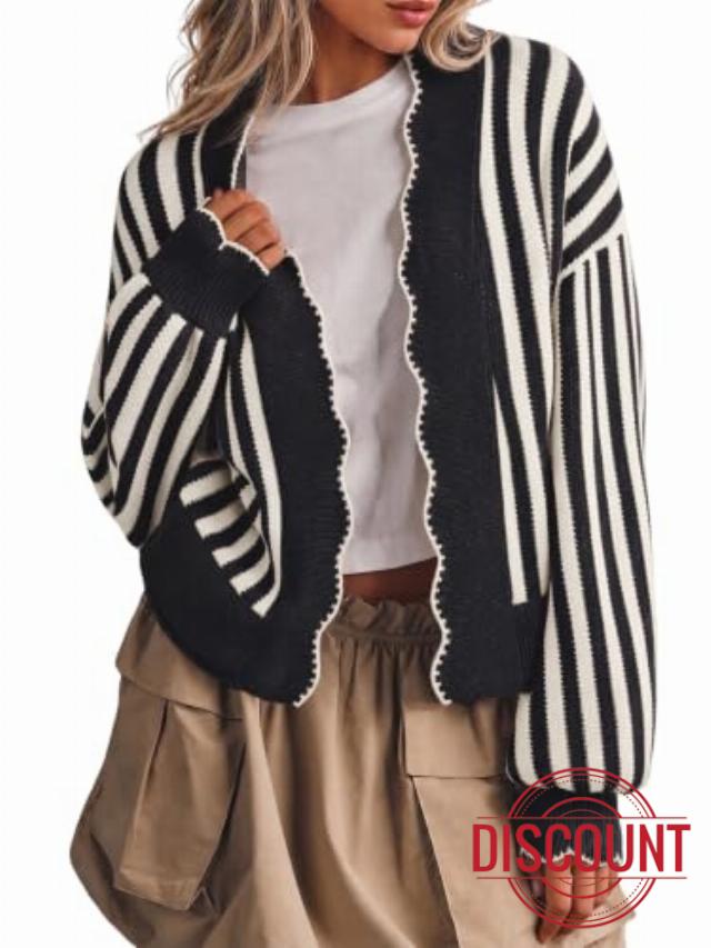 Flowyair Women's Striped Cardigan Sweater Open Front Ruffle Long Sleeve                                                          Scalloped trim