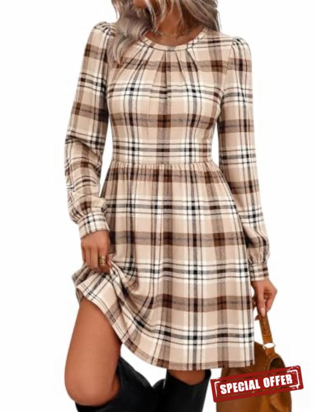 WIHOLL Womens Fall Dresses Long Sleeve Pleated Bust A-Line Pocket Dress                                                          Puff Sleeve