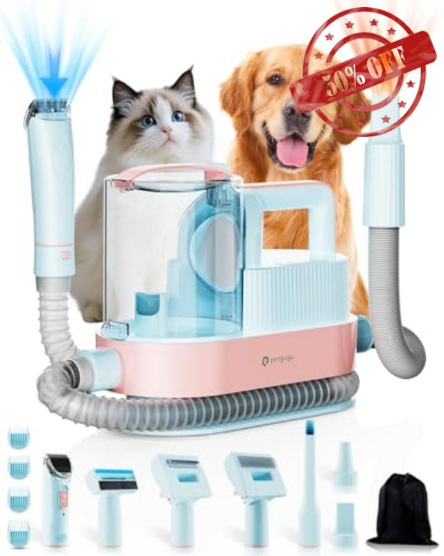 PETGUGU 11-in-1 Dog Grooming Vacuum & Dryer for Shedding/Grooming/Trimming Vacuum & Blower & Metal Blade Pet Clippers 13000Pa Suction 2.5L Dust Cup 45dB Low Noise