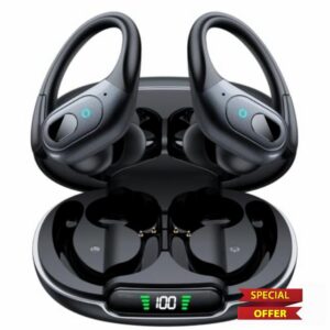 occiam Active Noise Cancelling Earbuds Wireless Bluetooth Headphones                                                          Ear Buds 90Hrs Playback Stereo Bass Earphones with Mic Over-Ear Hooks IPX7 Waterproof Headset for Sports Running Matte Black