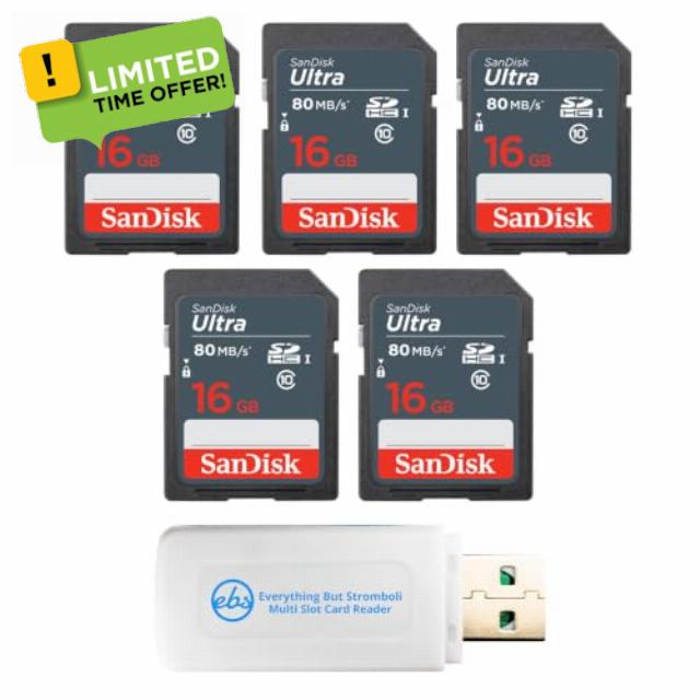 SanDisk 5 Pack Ultra UHS-I Class 10 16GB SDHC Card SDSDUNS-016G-GN3IN                                                          For Burst Photography and Continuous Video Recording