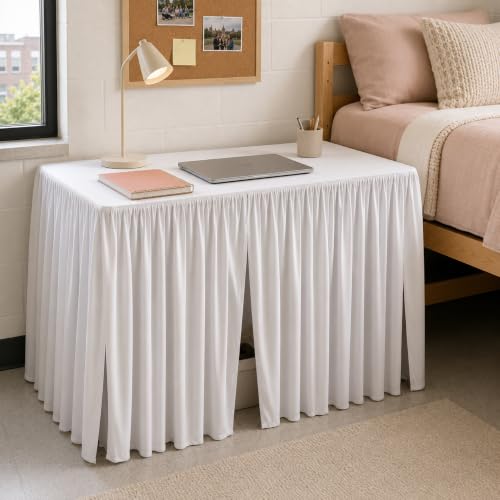 Stretch Polyester Table Cover with Split Front and Four Corner Openings for Hidden Under-Desk Storage