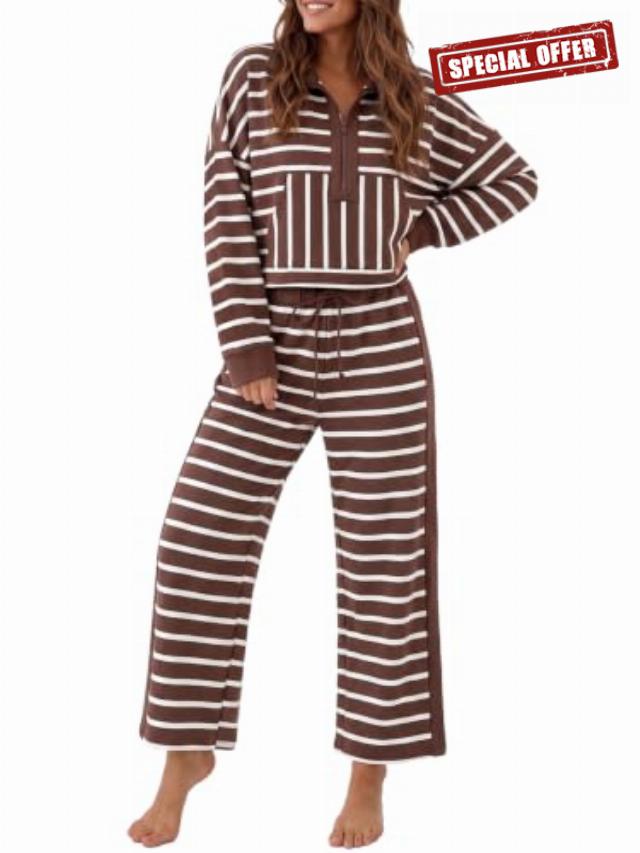 Fisoew Womens 2 Piece Outfits Striped Lounge Set Half Zip Sweatshirt Pants                                                          Stand Collar