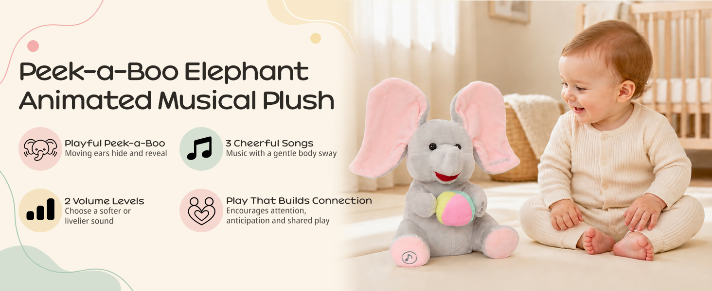 Baby playing with Peek‑a‑Boo Elephant animated musical plush toy