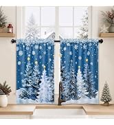 AtawLege Christmas Tree Kitchen Curtains 36 Inch Length Snowflake Blackout Cafe Curtains, Green H...