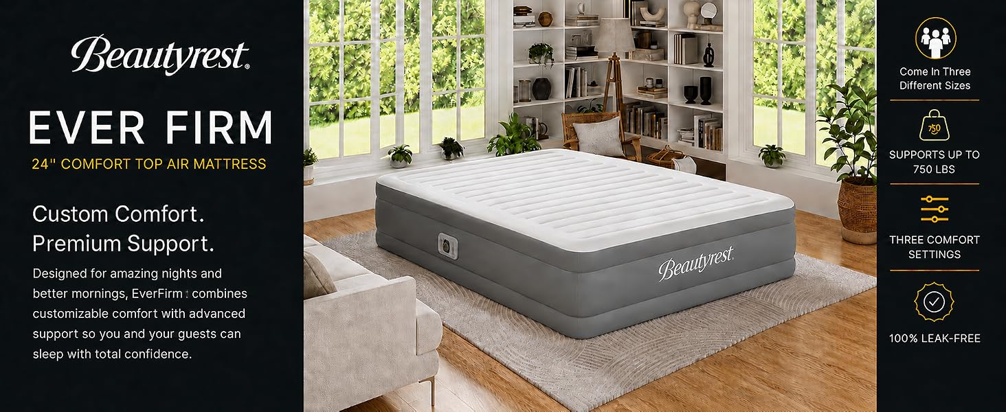 Beautyrest EverFirm 24-inch air mattress in a bright bedroom, with three comfort settings