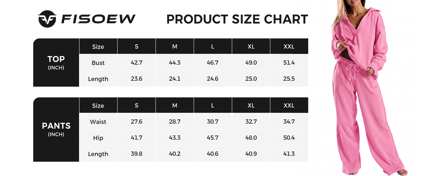 V neck tracksuit styling with product size chart.