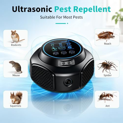Mouse Squirrel Ant Roach Spider Repellent Ultrasonic Rat Deterrent Replace Trap Poisoning Pest Control Family & Pet Safe Black 1 Pack