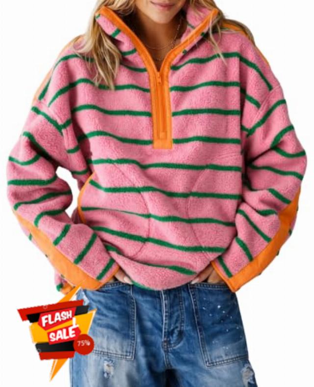 Fisoew Womens Fleece Sweatshirt Quarter Zip Pullover Winter Warm Coats                                                          Oversized