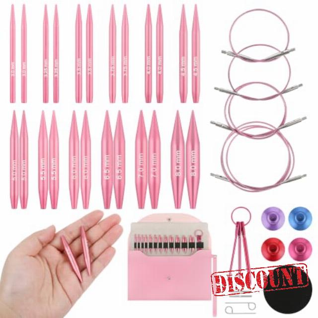 Hzkokon 2.17 Inch Short Interchangeable Knitting Needles (Pink)                                                          12 Pairs Interchangeable Premium Aluminum Needles with 3 pcs Crochet Hook US Size 3~8mm